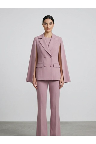 Crystalia Sırtı Taş İşlemeli Ve Pelerin Detaylı Kruvaze Blazer Ceket Pembe