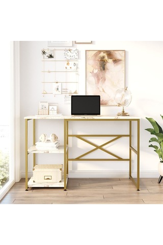 Atlantis 120cmgold Metal Çalışma Masası Raflı Mermer Desen Atl23-ge Mermer Desen