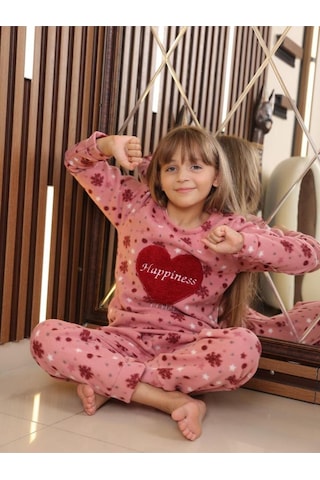 Fames Pijama Happiness Çocuk Polar Kışlık Pijama Takımı. 5-6-7-8-9-10 Yaş Pembe