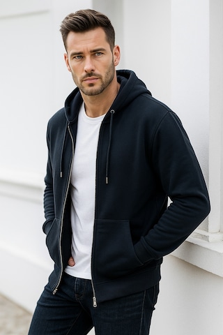 Rich Erkek Lacivert Kapüşonlu Kanguru Cepli Fermuarlı Sweatshirt Lacivert