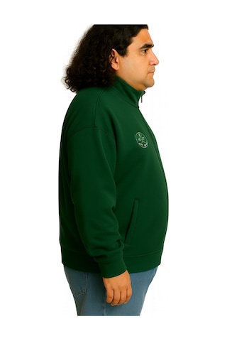 Erkek Büyük Beden 122-158 Kilo Arası İçin Uygun Pamuklu Geniş Kalıp Dik Yaka Fermuarlı Sweat Mont Koyu Yeşil