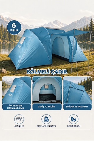 Walke 6 Kişilik Çift Bölmeli Aile Kamp Çadırı Su Geçirmez Polyester 490 X 280 X 200 Mavi