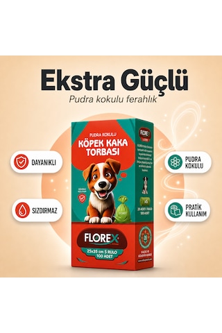 Florex Köpek Kaka Poşeti Pudra Kokulu 5 Rulo 100 Adet - Patili Dostlar Tuvalet Torbası