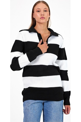 Cool Tarz Kadın Çizgili Şeritli Comfort V Polo Yaka Triko Siyah Siyah