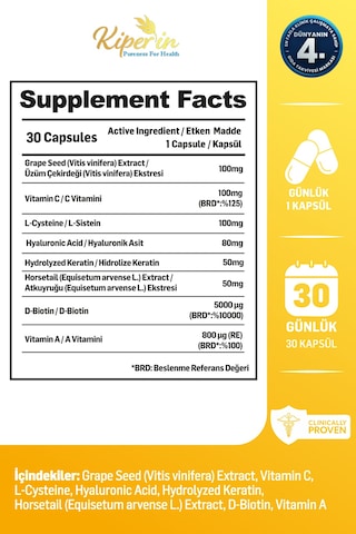 Kiperin Goldra Cilt, Saç Ve Tırnak Biotin, Keratin, Üzüm Çekirdeği, Hyaluronik Asit 30 Kapsül