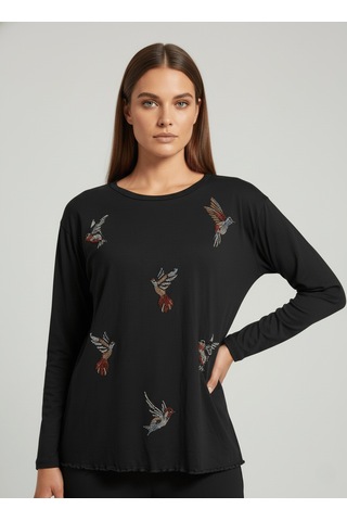 Taş Desenli Uzun Kollu Bambu Viskon Kumaş Bluz Siyah 3