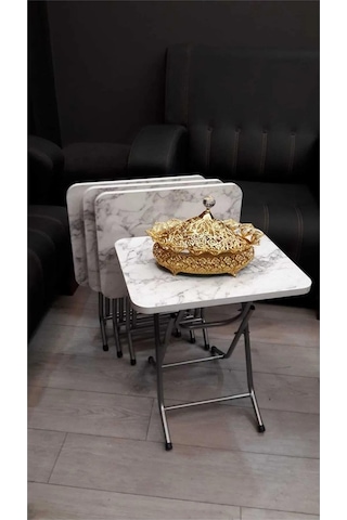 Harmony Katlanabilir Beyaz Mermer Zigon 4'lü Sehpa Takım Paslanmaz Gri Metal Ayaklı Mermer Beyaz