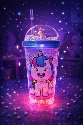 Renkli Boncuklu Sevimli Unicorn Tasarımlı 450 Ml Led Işıklı Pipetli İçecek Bardağı Suluk Mavi 2646