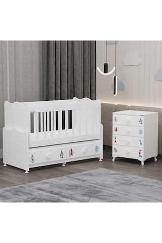 Elegant Mdf Çıtalı Beşik + Şifonyer - Denizci Beyaz