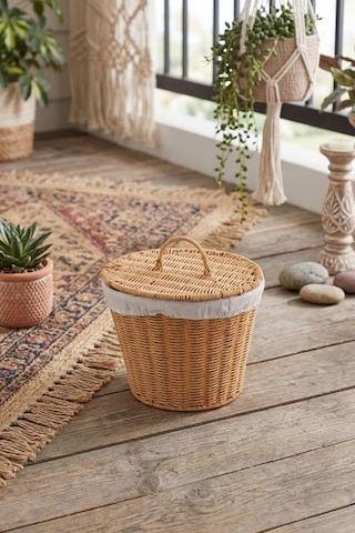 Kapaklı Bezli Hasır Patates Soğan Sepeti - 28x23 Cm Mutfak Düzenleyici Çok Renkli