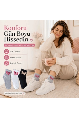 Elitse Kadın Kelebek Desenli Kısa Konç Çorap 3 Lü Paket, %80 Pamuklu Dikişsiz Burun, Nefes Alan Yumuşak Bilek Çorabı, Siyah Beyaz Gri Çok Renkli 3'lü
