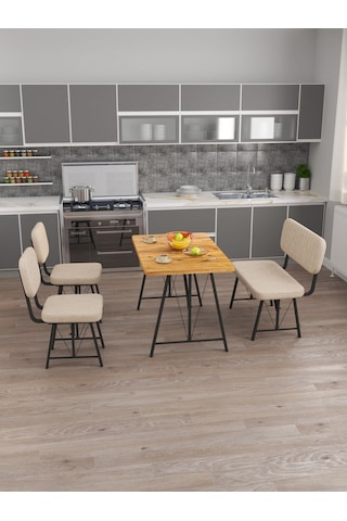 Hayat 70x110 Atlantik Mutfak Masası, Mutfak Masası Takımı, Yemek Masası, 2 Sandalye 1 Bench - Krem Krem