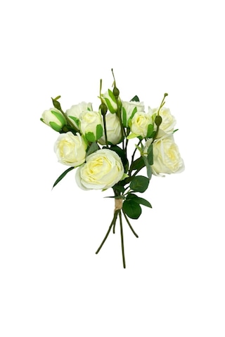 Yapay Çiçek Beyaz Gül 8 Gül 4 Tomurcuklu Lüx Demet Gelin Çiçeği Buketi Masa Üstü Vazo Çiçeği 47cm