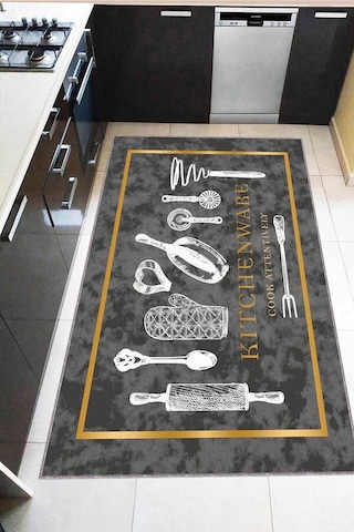 Füme Kaymaz Tabanlı Merdane Desenli Mutfak Halısı Ar1276n11
