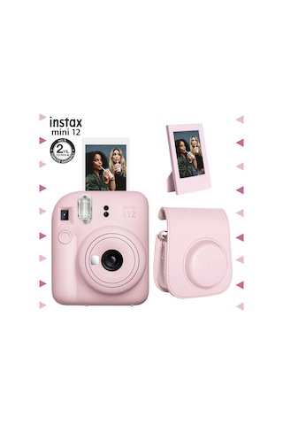 Fujifilm Instax Mini 12 Fotoğraf Makinesi + Çerçeve + Deri Kılıf Seti Pembe