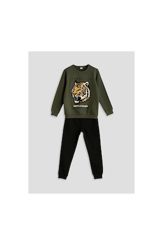 LC Waikiki Lcw Kids Yeşil Bisiklet Yaka Kaplan Baskılı Erkek Çocuk Eşofman Takımı Dark Green