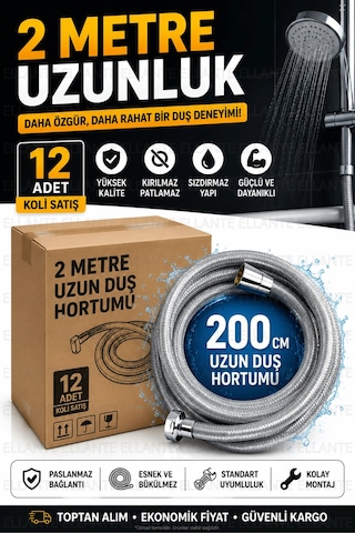 12 Adet 2 Metre Duş Hortumu Koli Satışı Paslanmaz Bağlantılı Kırılmaz Sızdırmaz Standart 1/2 Çok Renkli