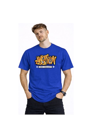 Herkesemoda Ön Ve Arka Yazı Detaylı Basic T-shirt Mavi