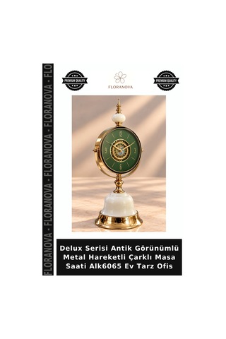 Delux Serisi Antik Görünümlü Metal Hareketli Çarklı Masa Saati Alk6065 Ev Tarz Ofis Antik - Bronz