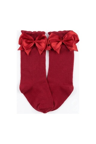 Cocole Socks Kız Çocuk Aksesuarlı Dizaltı Çorabı Tekli Pamuklu Düz Kırmızı Fiyonklu