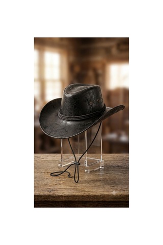 Gigi Luxe Vegan Deri Unisex Kovboy Şapkası Vintage Western Tarz Geniş Kenarlı Premium Kalite Siyah Siyah