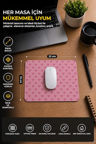 Pembe Renkli Kalpli Desenli Ergonomik Mouse Pad, Kaymaz Yüzey İle Ev Ve Ofis Kullanımı İçin İdeal 230x190x2mm