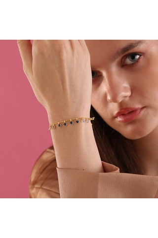 Queen Silver Jewelry 925 Ayar Gümüş Mavi Renk Geçişli Top Zincirli Bileklik Altın