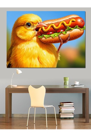 Ahşap Tablo Hot Dog Yiyen Sarı Civciv Figürü