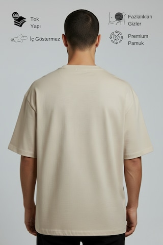 Allunique Erkek Pamuklu Oversize Bisiklet Yaka Bej T-shirt