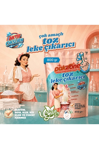Pakzone Aktif Oksijen Çamaşır Ve Yüzey İçin Çok Amaçlı Oksijenli Toz Leke Çıkarıcı 800 Gr