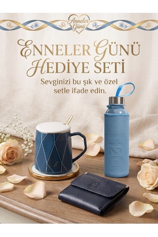 Deerderi Hakiki Deri Cüzdan, Kupa Ve Kılıflı Matara Seti Lacivert