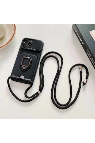 Honeybeeshop Siyah İphone Uyumlu 16 Pro Max Katı Renkli Makaron Kılıf Tam Kapak Düşmeye Karşı Koruma Yumuşak Çok Fonksiyonlu Boyun Askılı