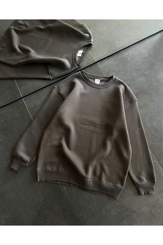 Zenna Tarz Kışlık Bisiklet Yaka Üç İplik Basic Sweatshirt - Füme