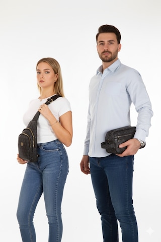 Newish Polo Vegan Deri Trendy Desenli Siyah Erkek El Çantası Ve Kadın Çapraz Omuz Göğüs Çantası Seti Hediye Seti Siyah