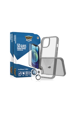 Buff Apple iPhone Uyumlu 12 Mini Paket - 2x5d Ekran Koruyucu + Şeffaf Kılıf + Lens Koruyucu Glass