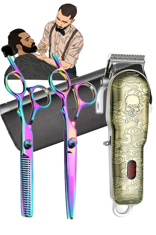 4 Parça Traş Makineli Saç Kesim Makas Seti Kuaför Berber Hazır Tı