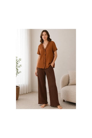 Pijamask Kadın Kısa Kollu Pamuklu Pijama Takım Kahverengi