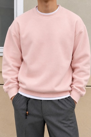 Cool Tarz Erkek 3 İplik Şardonlu Regular Fit Bisiklet Yaka Basic Sweatshirt Pembe Pembe