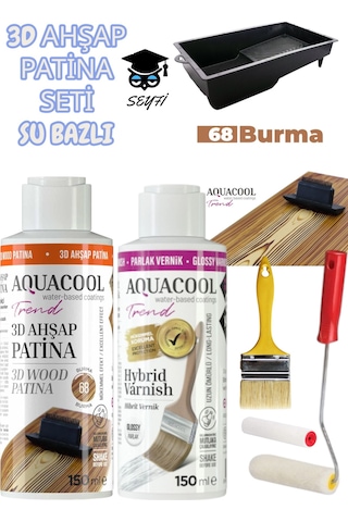 3d Ahşap Patina Seti Su Bazlı 150 Ml- Parlak Vernik 150 Ml - Boya Tavası Fırça Rulo Doku Tarağı Seti 0000 Naturel