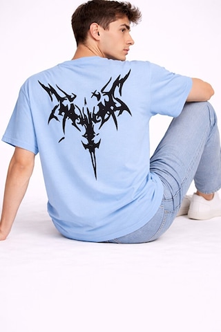 Nevermind Oversize Erkek Tişört Arkası Baskılı Streetwear Siyah Grafik Back Mavi