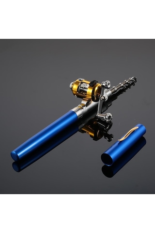 Olta Makarası Combo Kit Seti Mini Teleskopik Taşınabilir Cep Kalem Olta Direği + Makara Blue