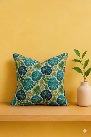 Tropik Monstera Desenli 45x45 Petek Kumaş Kırlent Kılıfı Çok Renkli