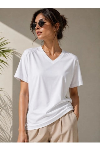 Wear Vexel Kadın V Yaka Basic Tişört Kısa Kol Yazlık Regular Fit T-shirt - Beyaz Beyaz
