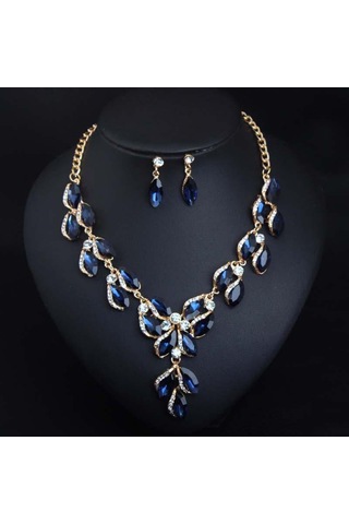 Kristal Değerli Taş Köprücük Kemiği Kısa Kolye Küpe Takı Seti Moda Kadın Aksesuarları Mavi