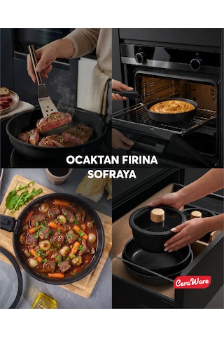 Ceraware Hona Made in Korea Seramik Yapışmaz Tencere Tava Seti 9 Parça Tak Çıkar Saplı İç İçe Geçebilen Set Siyah