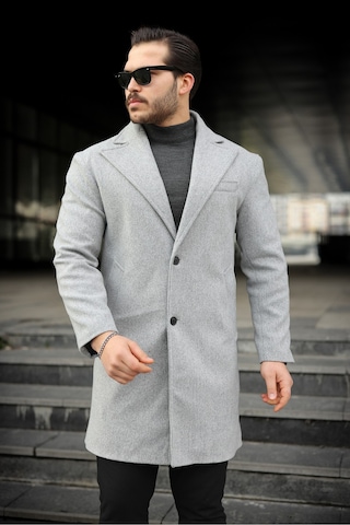 Slim Fit Astarlı Uzun Kaşe Kaban Orta Gri