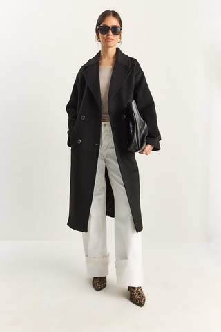 Shade Kadın Kruvaze Yaka Astarlı Oversize Uzun Kaşe Kaban 3509 60283849 - Siyah