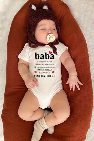 Bebeqon Mutlu Yıllar Babacığım Yazılı Bebek Zıbını Bbqnz037 Ekru