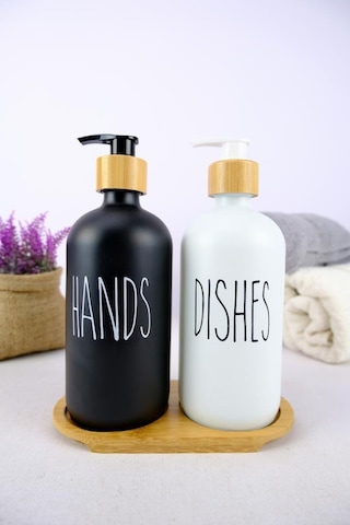 Digithome 2 Li Ahşap Standlı Cam Sıvı Sabun Ve Bulaşık Deterjanı Şişesi Sabunluk 500 Ml - E/6 C1-1-289