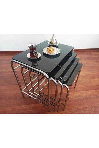 Zigon Sehpa Nikelaj Kaplama Metal Ayaklı Siyah Mermer Desen (540935862)